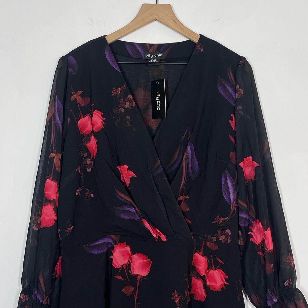 City Chic Perfect Rose Faux Wrap Top NWT Womens Plus Size 14 Black Floral V-Neck - Picture 5 of 8
